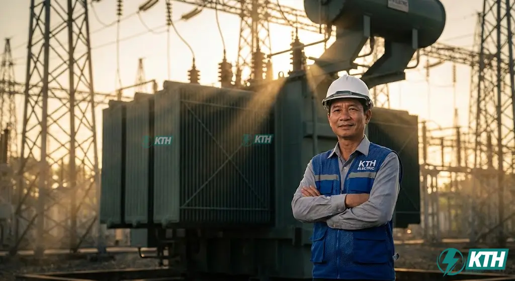 Kỹ sư trưởng KTH Electric kiểm tra trạm biến áp trung thế ngoài trời đảm bảo tiêu chuẩn an toàn điện công nghiệp.