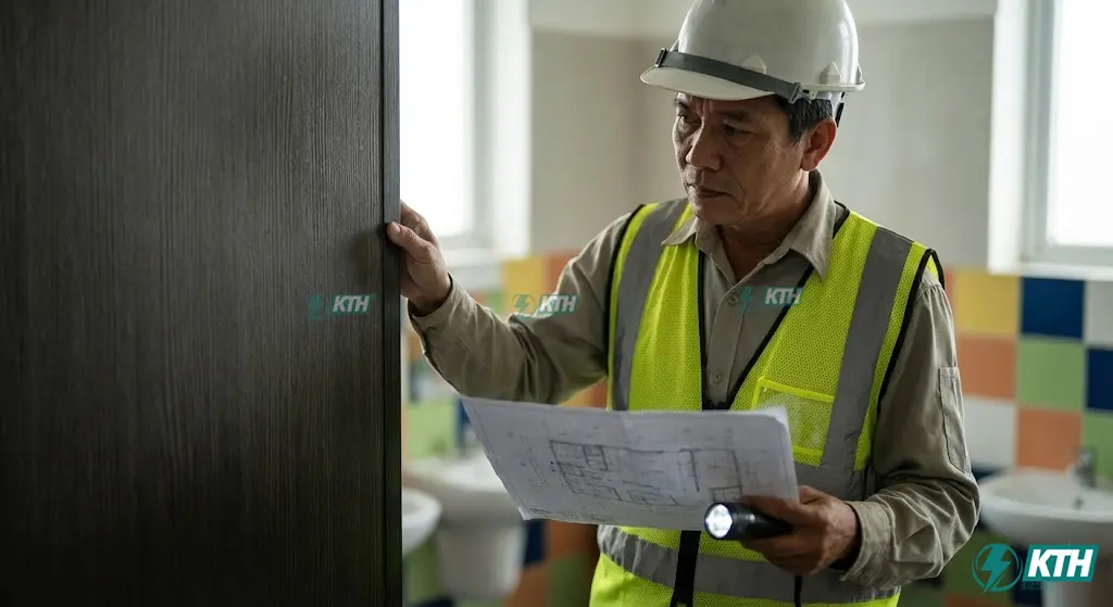 Kỹ sư xây dựng Việt Nam đang kiểm tra kỹ lưỡng chất lượng và độ an toàn của vách ngăn vệ sinh trường học.