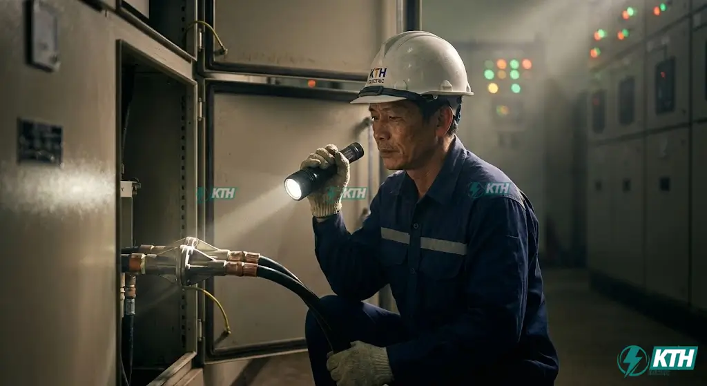 Chân dung kỹ sư điện KTH Electric chuyên nghiệp đội mũ bảo hộ đang kiểm tra tủ điện trung thế trong môi trường trạm biến áp với ánh sáng điện ảnh.