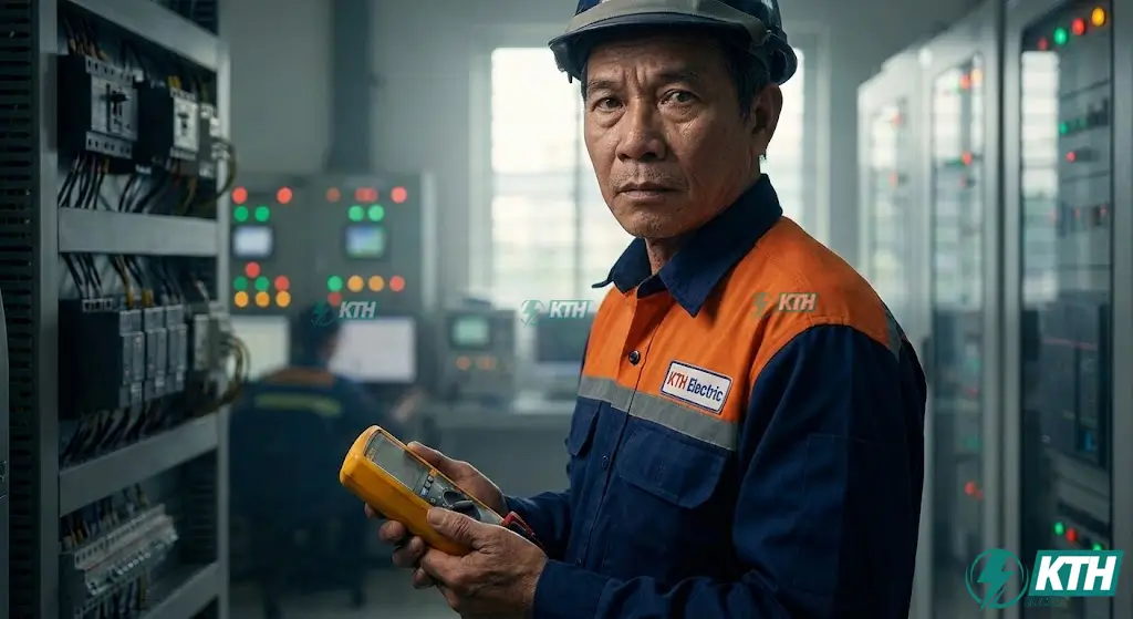 Kỹ sư KTH Electric kiểm tra hệ thống nối đất hạ áp an toàn điện theo tiêu chuẩn IEC 60364 cho mạng điện công nghiệp.