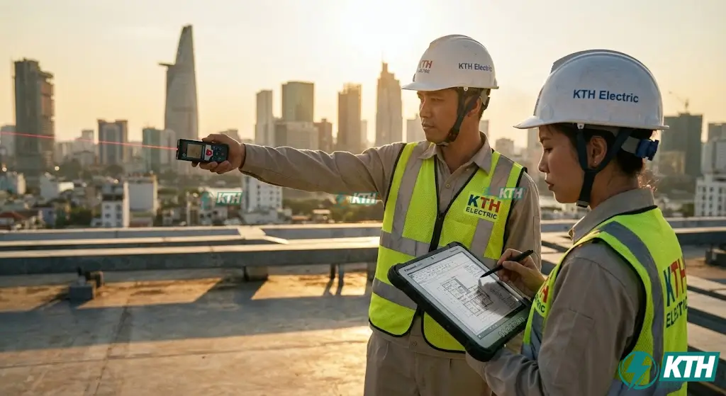Báo Giá Thi Công Hệ Thống HVAC: Giải Mã Chi Phí & Tránh "Bẫy Giá Rẻ" 4 Các kỹ sư KTH Electric đang khảo sát hiện trạng thực tế trên mái tòa nhà để thu thập dữ liệu tính toán tải lạnh, đảm bảo báo giá thi công hệ thống HVAC chính xác nhất.