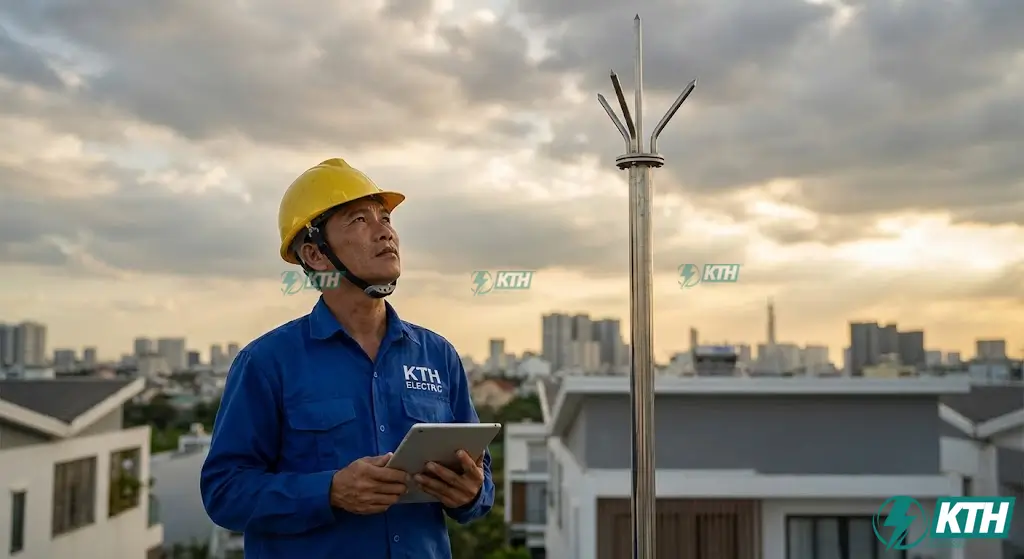 Kỹ sư KTH Electric kiểm tra kim thu sét tia tiên đạo ESE trên mái nhà biệt thự, đảm bảo tiêu chuẩn TCVN 9385:2012 trước mùa mưa bão