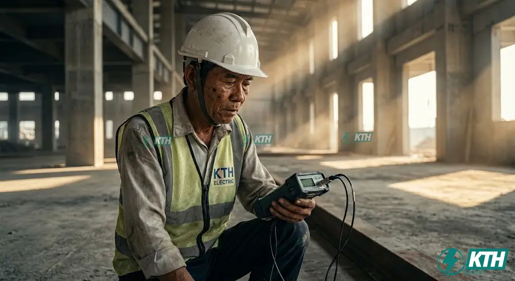 Kỹ sư KTH Electric đang sử dụng máy siêu âm sàn bê tông Pundit Lab kiểm tra cường độ và độ đặc chắc tại công trình.