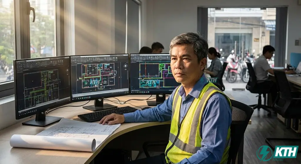 Kỹ sư cơ điện M&E Việt Nam chuyên nghiệp đang làm việc với bản vẽ AutoCAD Xref phức tạp trên nhiều màn hình tại văn phòng KTH Electric.