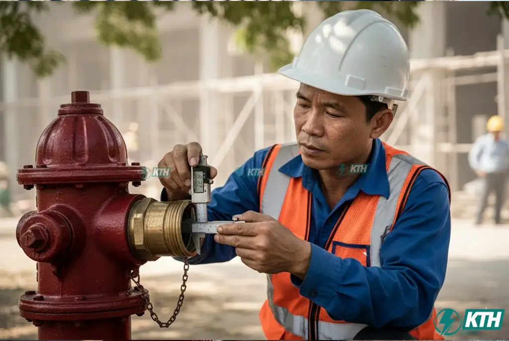 Kỹ sư KTH Electric đang đo kiểm tra độ dày thân trụ gang cầu trước khi nghiệm thu PCCC.