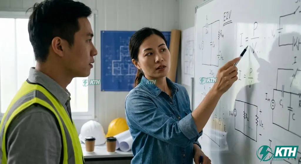 Bảng Tra Tiết Diện Dây Dẫn Điện 3 Pha Chuẩn TCVN & IEC (2026) 3 Kỹ sư điện KTH Electric đang áp dụng công thức tính tiết diện dây dẫn 3 pha chính xác trên bảng trắng tại văn phòng công trường để tối ưu chi phí và kỹ thuật.