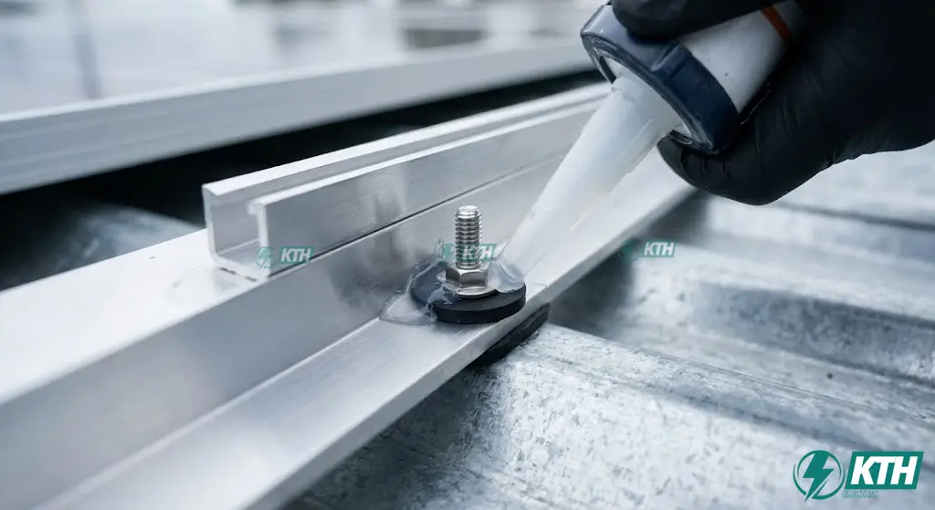 Chi tiết kỹ thuật xử lý chống thấm 3 lớp khi lắp đặt khung giá đỡ pin mặt trời: Sử dụng keo Silicon A500 và gioăng cao su EPDM đảm bảo không dột nước.