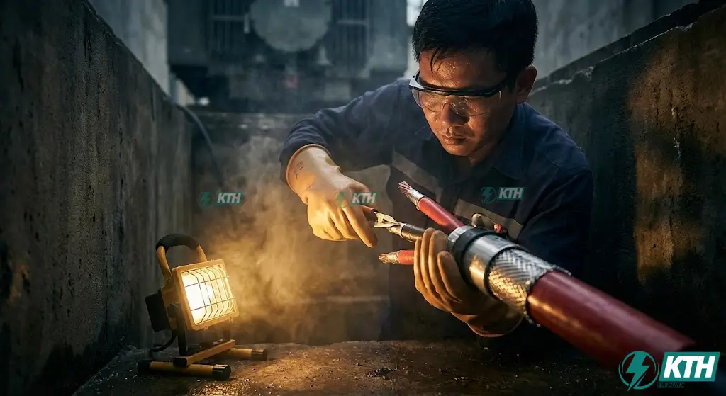 Kỹ thuật đấu nối đầu cáp ngầm trung thế 22kV đòi hỏi tay nghề cao trong thi công trạm biến áp nhà xưởng.