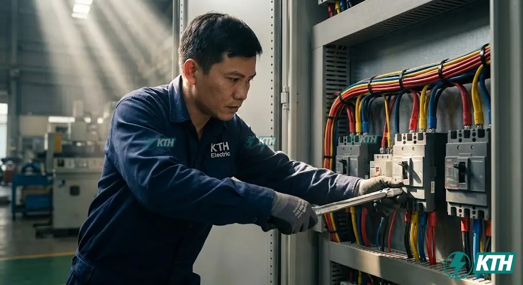 Kỹ thuật viên KTH Electric đang đấu nối tủ điện công nghiệp sử dụng cờ lê lực, tuân thủ tiêu chuẩn màu dây IEC (Đỏ, Vàng, Xanh) đảm bảo an toàn điện.