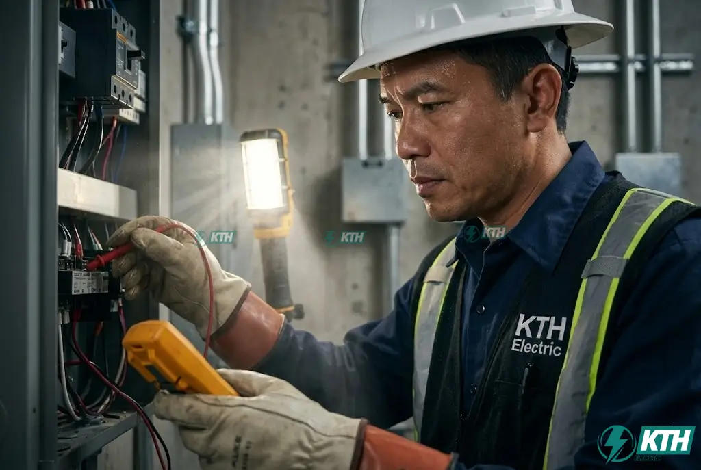 Kỹ sư KTH Electric đang đấu nối tủ điện bảo vệ và kiểm tra hệ thống tiếp địa an toàn cho trạm sạc xe điện tại nhà, đảm bảo không rò điện.