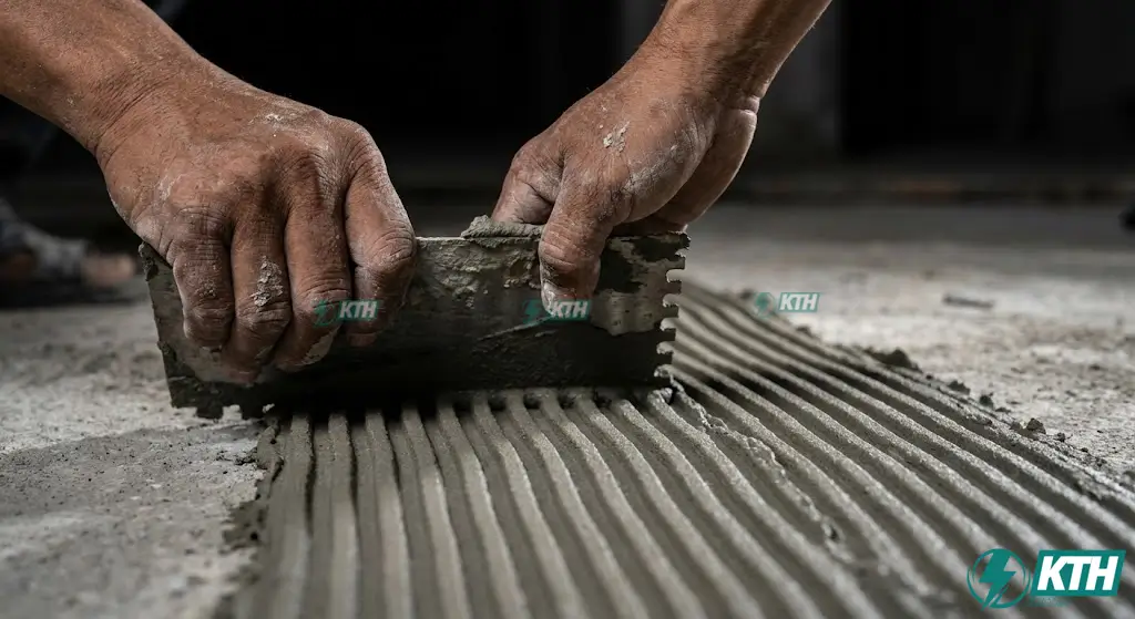 Thợ ốp lát sử dụng bay răng cưa tạo rãnh keo dán gạch đều tăm tắp giúp chống bộp và tăng độ bám dính.