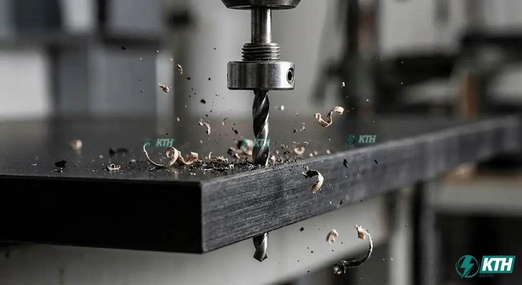 Hướng dẫn khoan mồi tấm Compact HPL bằng mũi khoan 3mm để tránh nứt vỡ.