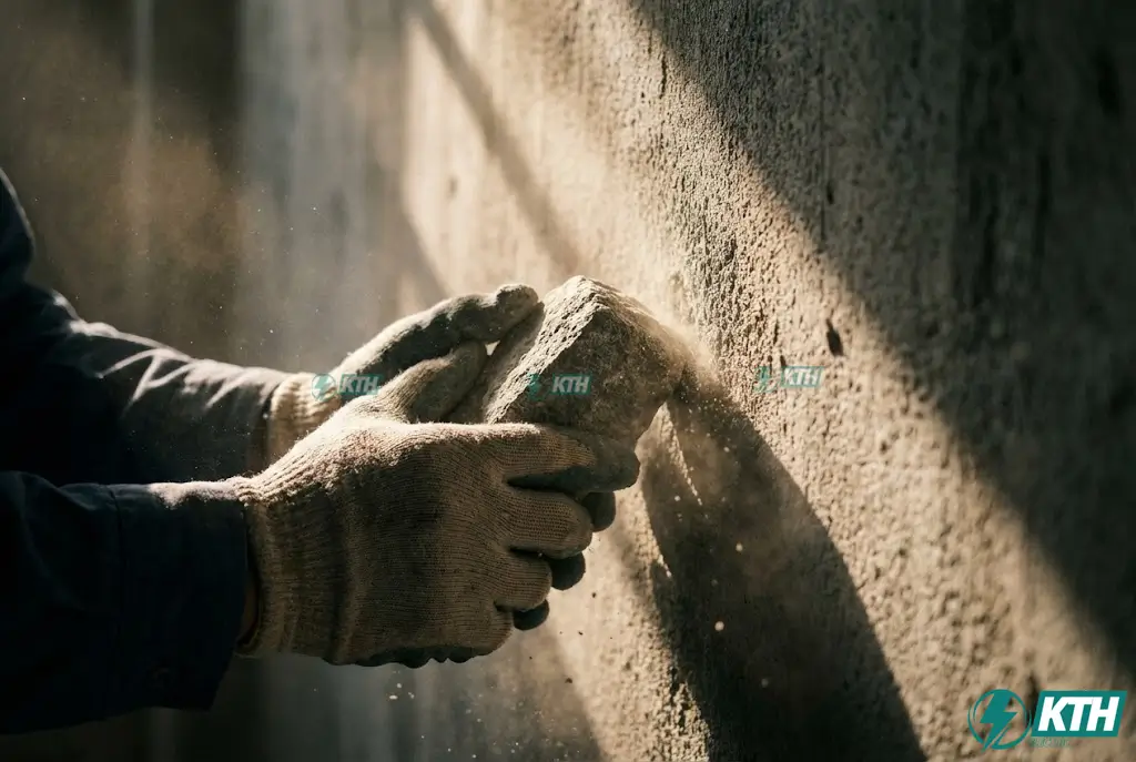 Kỹ thuật viên mài phẳng bề mặt bê tông trước khi bôi chất tiếp âm để đảm bảo đầu dò tiếp xúc tốt theo quy trình thí nghiệm NDT.