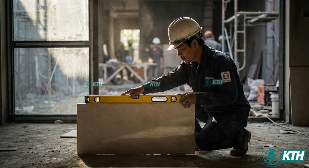 Kỹ sư KTH Electric đang kiểm tra độ phẳng bề mặt ốp lát gạch sàn nhà bằng thước thủy li vô chuẩn xây dựng dân dụng 2026.