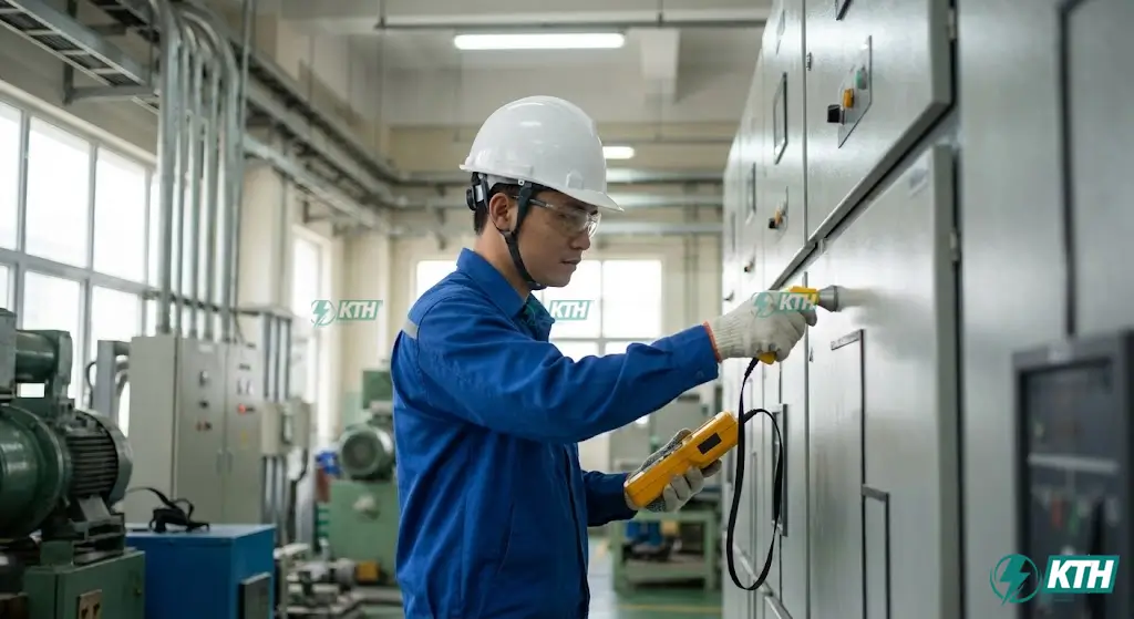 Kỹ thuật viên KTH Electric sử dụng thiết bị đo PD cầm tay tích hợp cảm biến TEV và Ultrasonic để quét bề mặt tủ trung thế tại nhà máy công nghiệp.