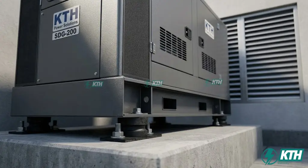 Cận cảnh máy phát điện chạy dầu Diesel được lắp đặt trên bệ bê tông cốt thép và hệ thống lò xo giảm chấn chống rung chuyên dụng.