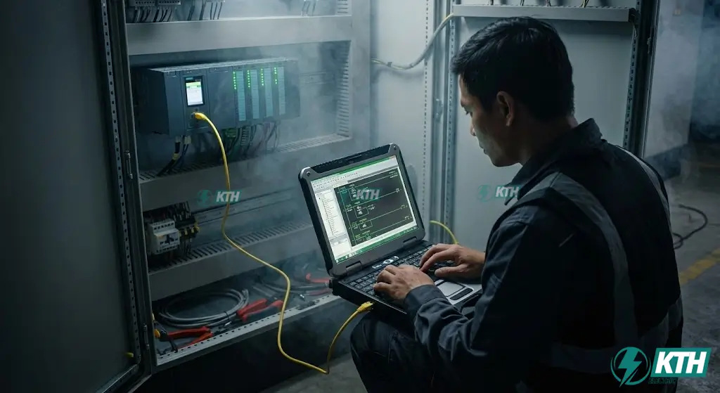 Kỹ sư tự động hóa đang lập trình PLC và cài đặt phần mềm điều khiển hệ thống.