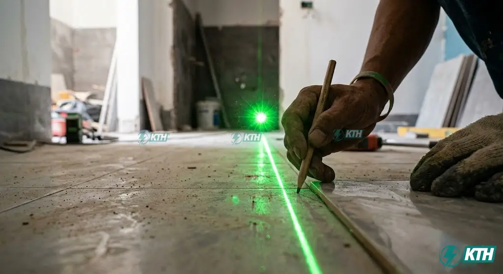 Kỹ thuật lấy mực bằng máy cân bằng laser để định vị chân vách ngăn vệ sinh thẳng hàng.