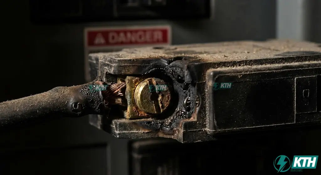 Aptomat Thỉnh Thoảng Bị Nhảy: 4 Nguyên Nhân & Cách Xử Lý (2026) 3 Cận cảnh điểm đấu nối dây điện bị lỏng (move) gây sinh nhiệt làm cháy nhựa và khiến aptomat bị nóng và nhảy.