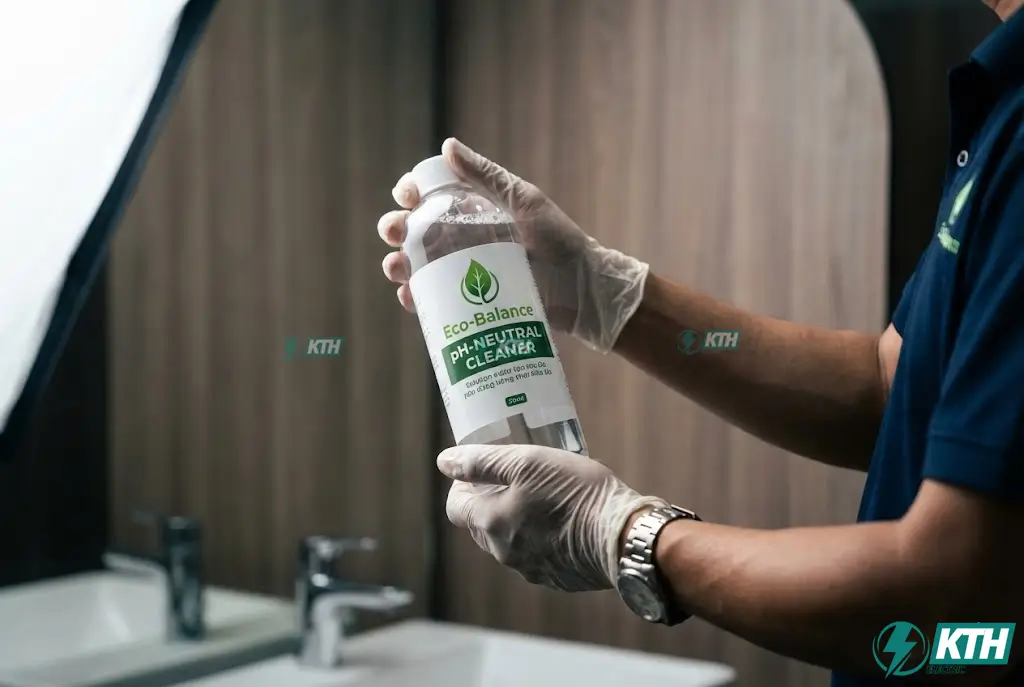 Kiểm tra kỹ thành phần hóa chất tẩy rửa trung tính trước khi vệ sinh vách ngăn Compact, tuyệt đối không dùng axit đậm đặc hay chất tẩy bồn cầu.