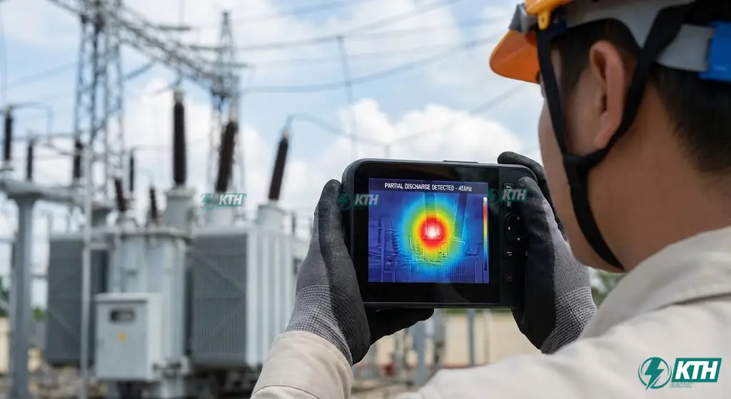 Cận cảnh màn hình Camera siêu âm công nghiệp (Acoustic Imager) hiển thị biểu đồ nhiệt vị trí rò rỉ phóng điện cục bộ trên đầu cáp máy biến áp.