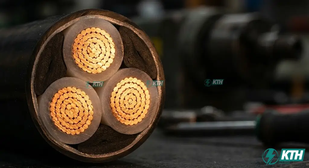 Cấu tạo chi tiết cáp điện 3 pha với ruột dẫn đồng nguyên chất và lớp cách điện XLPE chịu nhiệt độ cao.