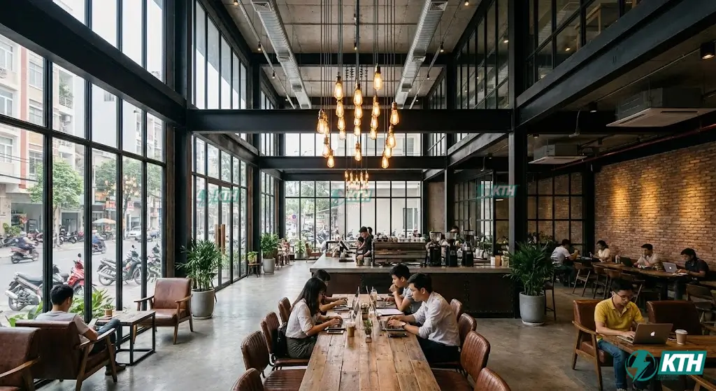 Mẫu quán cafe khung thép tiền chế đẹp phong cách Industrial kết cấu thép lộ thiên thu hút giới trẻ 2026.