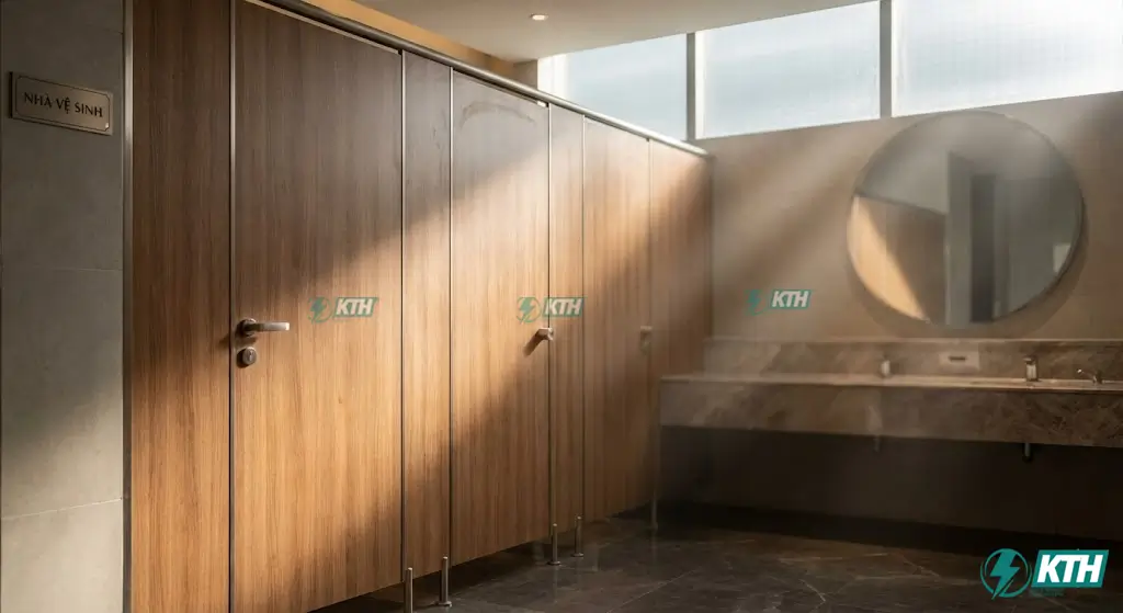 Mẫu vách ngăn vệ sinh Compact HPL màu vân gỗ chịu nước 100% thi công tại trung tâm thương mại cao cấp.