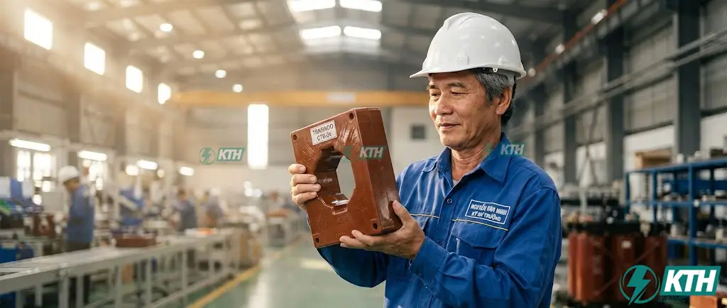 Kỹ sư điện Việt Nam kiểm tra máy biến dòng trung thế Trafindo CTB-24 chính hãng nhập khẩu Indonesia tại kho KTH Electric.