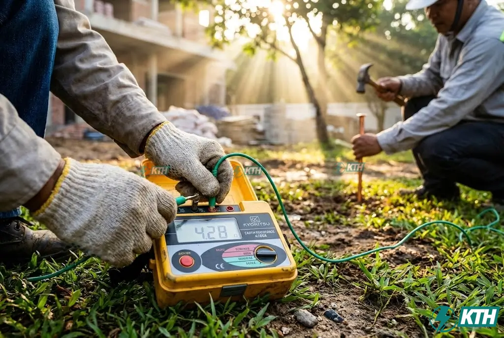 Máy đo điện trở đất Kyoritsu 4105A hiển thị thông số kỹ thuật trong quy trình kiểm định chống sét theo TCVN 9385:2012.