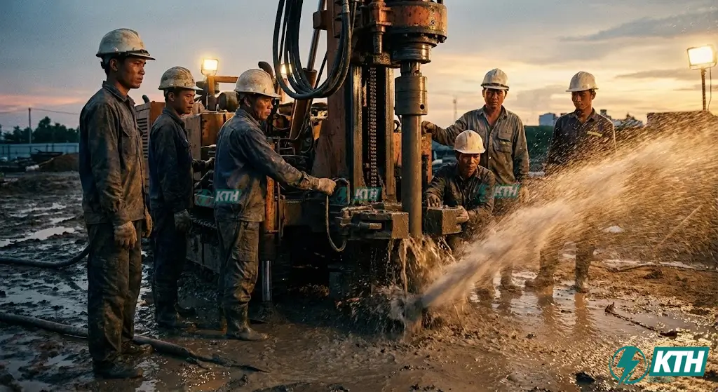 Quy trình thi công khoan giếng tiếp địa và khoan hút nước ngầm bằng máy khoan xoay cầu công nghệ mới 2026.