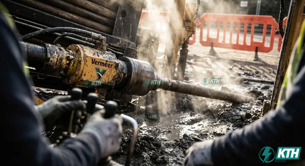 Máy khoan ngầm robot công suất lớn đang thi công kéo ống qua đường không cần đào xẻ rãnh với độ chính xác cao.