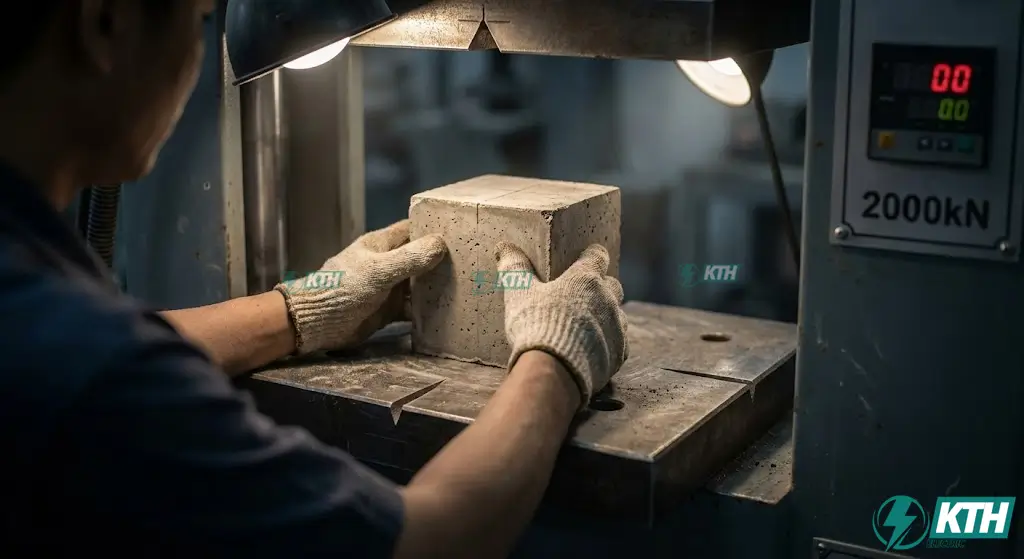 Kỹ sư thí nghiệm vật liệu xây dựng đặt mẫu thử đúng tâm thớt dưới máy nén thủy lực 2000kN để kiểm soát tốc độ gia tải chuẩn.