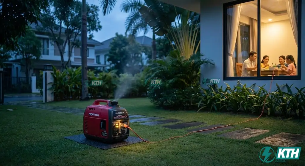 Máy phát điện chạy xăng gia đình Honda hoạt động êm ái cung cấp điện cho ngôi nhà khi mất điện.