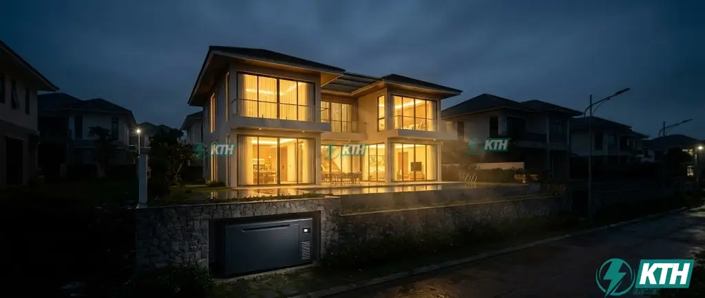 Biệt thự hiện đại tại Việt Nam vẫn sáng đèn nhờ hệ thống máy phát điện dự phòng toàn nhà tự động kích hoạt khi mất điện lưới.