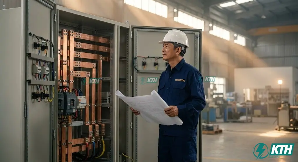 Kỹ sư trưởng KTH Electric kiểm tra máy phát điện công nghiệp 3 pha Cummins tại tầng hầm tòa nhà tphcm.