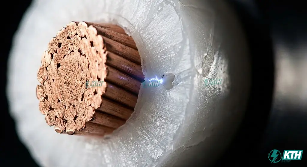 Ảnh chụp macro mô phỏng mặt cắt lớp cách điện cáp XLPE hiển thị lỗ rỗng khí (void) chứa tia lửa điện màu xanh dương do phóng điện cục bộ gây ra.