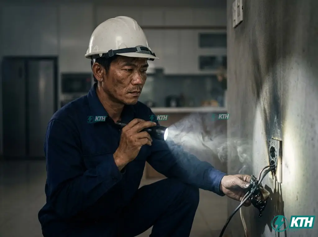 Thợ điện chuyên nghiệp KTH Electric kiểm tra hiện trường sự cố ngắn mạch gây cháy ổ cắm điện tại nhà dân TP.HCM.