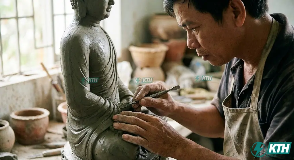 Nghệ nhân tạc tượng điêu khắc tượng Phật xi măng với các đường nét mềm mại.