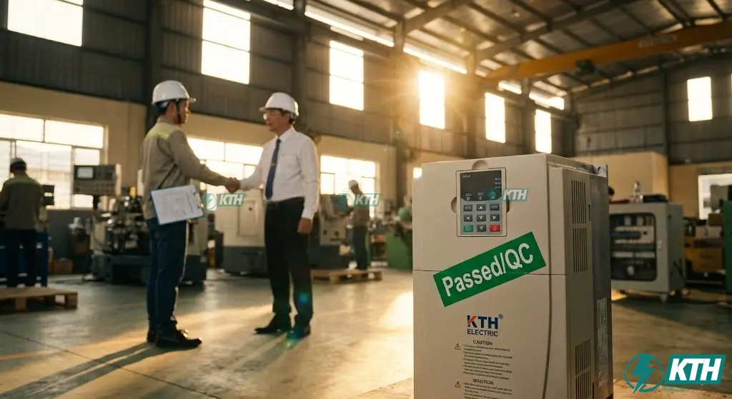 Bàn giao nghiệm thu hệ thống biến tần sau khi sửa chữa bảo trì hoàn tất cho khách hàng nhà máy.