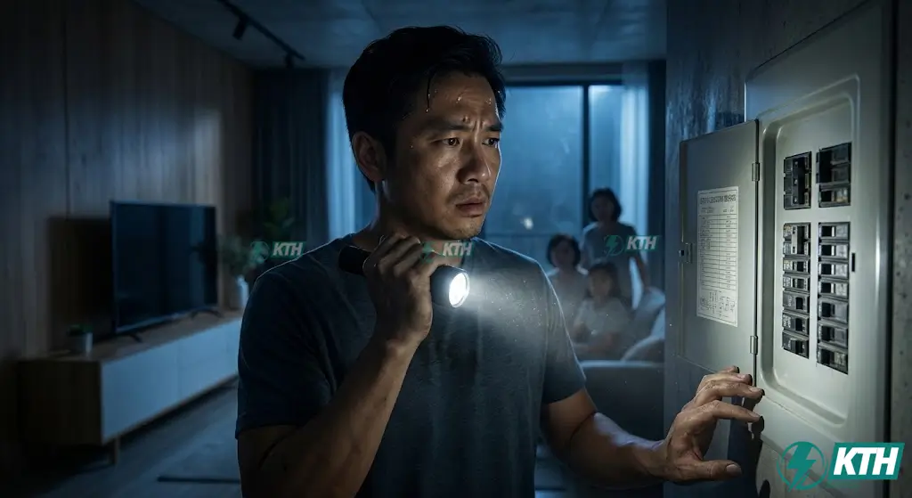 Aptomat Thỉnh Thoảng Bị Nhảy: 4 Nguyên Nhân & Cách Xử Lý (2026) 1 Người đàn ông đang kiểm tra aptomat thỉnh thoảng bị nhảy liên tục không rõ nguyên nhân tại phòng khách gia đình vào ban đêm.