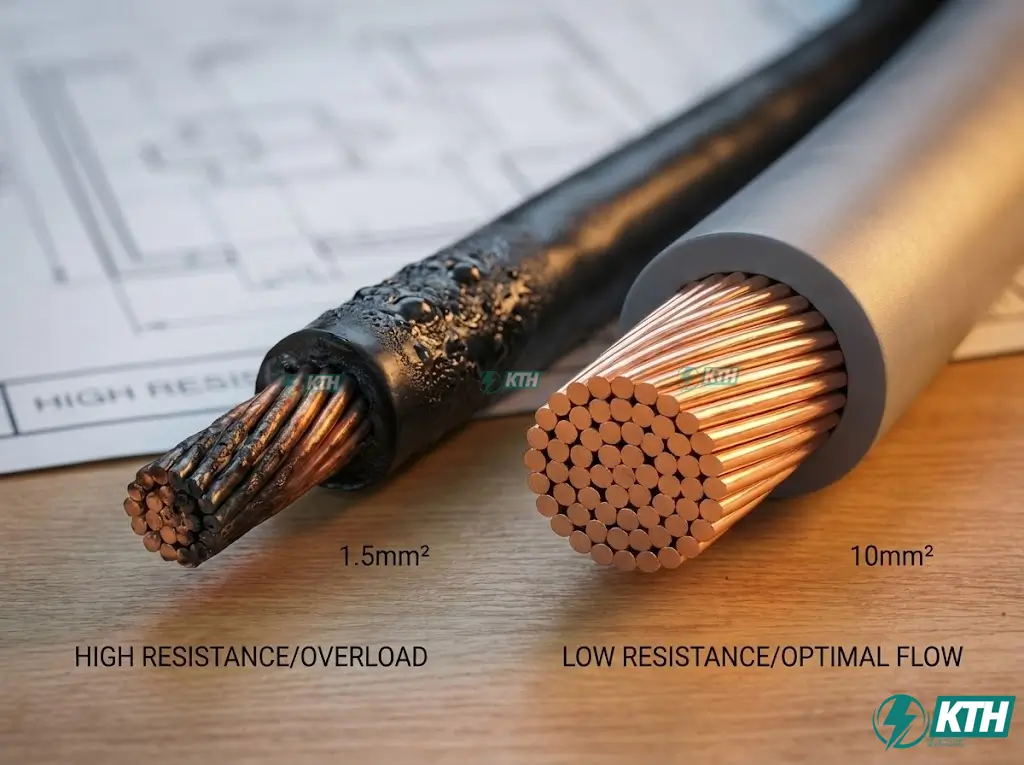 So sánh tiết diện dây dẫn điện nhỏ gây điện trở lớn và sụt áp so với dây cáp điện đạt chuẩn.