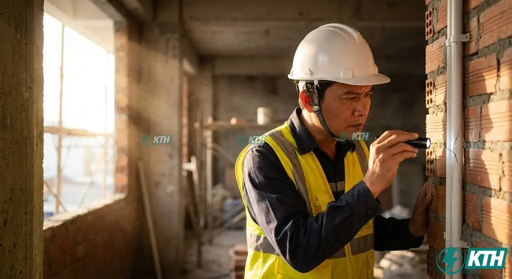 Kỹ sư điện nước khảo sát nguyên nhân tường bị nứt chân chim sau khi trát bằng vữa xi măng truyền thống.