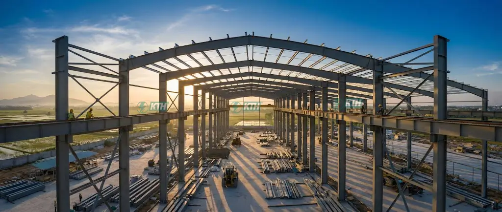 Mẫu nhà thép tiền chế công nghiệp hiện đại nhịp lớn đang thi công tại TPHCM năm 2026.