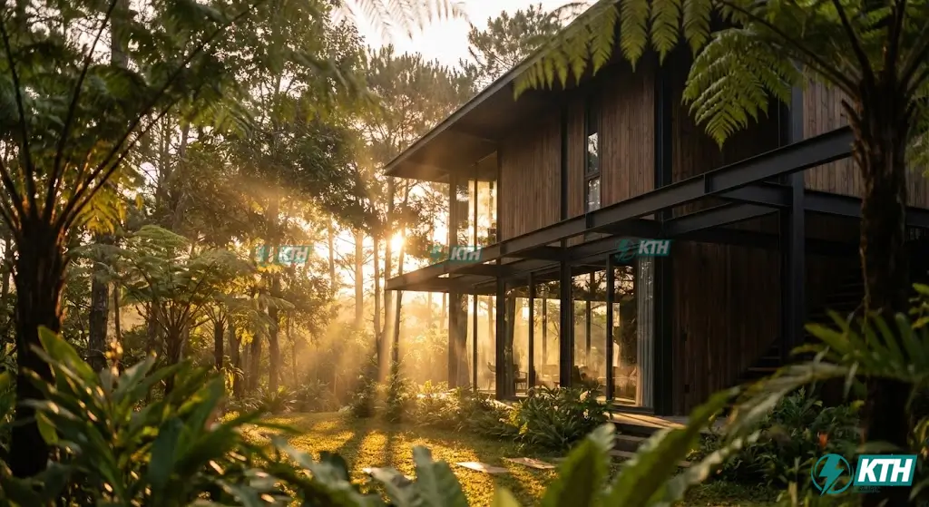 Tổng quan nhà tiền chế là gì với thiết kế nhà khung thép tiền chế 2 tầng hiện đại kết hợp sân vườn nghỉ dưỡng xu hướng 2026.