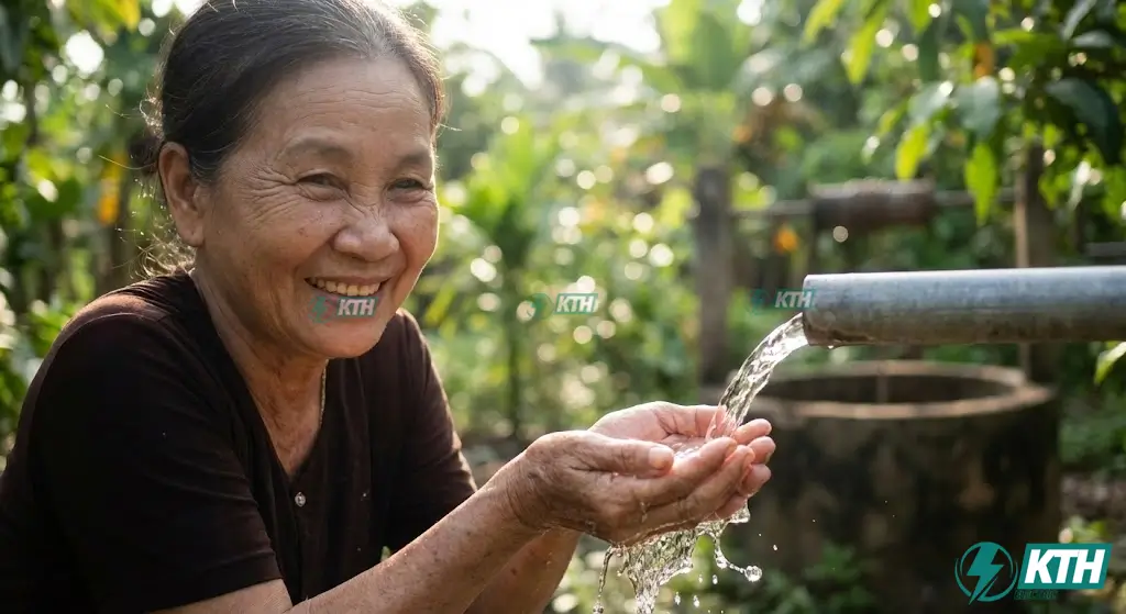 Nguồn nước giếng khoan trong vắt sạch phèn sau khi lắp đặt hệ thống lọc nước đầu nguồn và bơm hỏa tiễn.