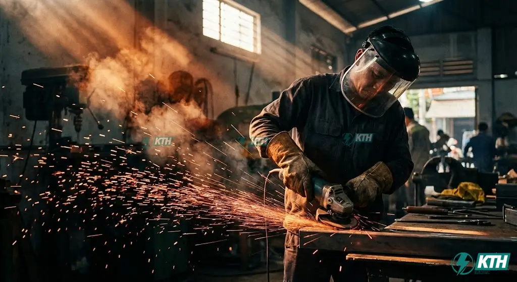 Thợ cơ khí kiểm tra Inox 201 bằng máy mài, tạo ra chùm tia lửa dày đặc màu đỏ sậm.