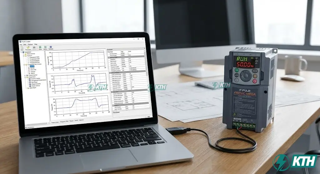 Giao diện phần mềm Frenic Loader kết nối máy tính để cài đặt và sao lưu thông số biến tần Fuji.