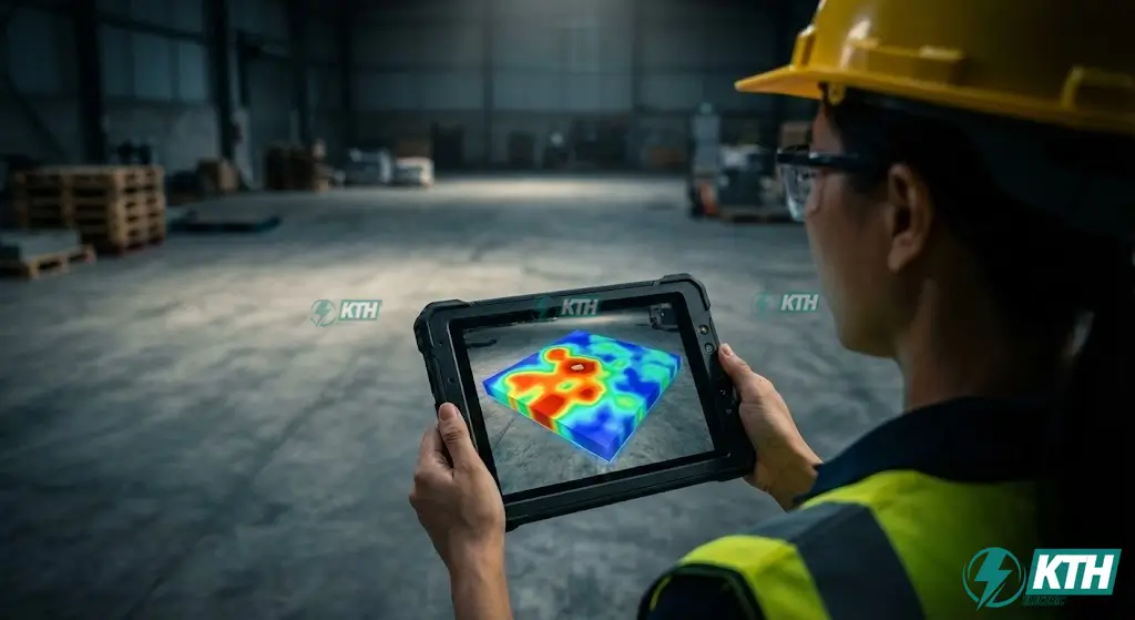 Dịch Vụ Siêu Âm Sàn Bê Tông TCVN 9357 - Báo Giá KTH Electric 3 Phân tích biểu đồ sóng siêu âm trên máy tính bảng để phát hiện rỗ tổ ong và vết nứt ngầm bên trong sàn bê tông cốt thép.