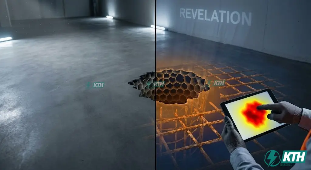 Hình ảnh mô phỏng phát hiện rỗ khí và vết nứt ngầm trong sàn bê tông bằng công nghệ siêu âm mà mắt thường không thấy.